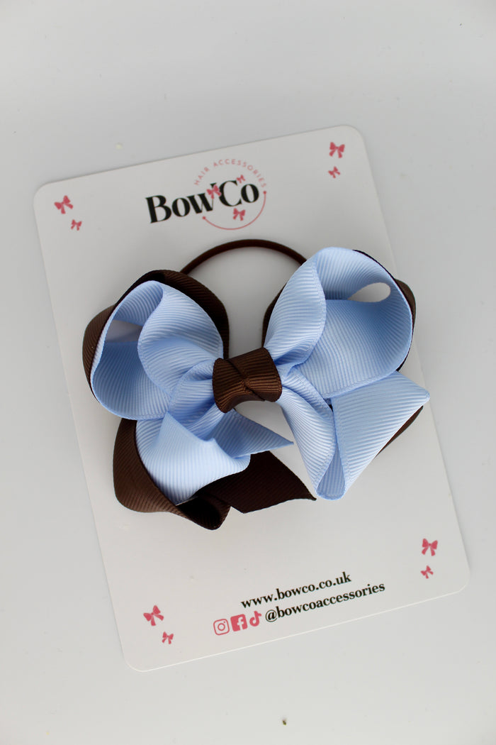 School Bow Brown and Bluebell - Double Loop Bow - Elastic -