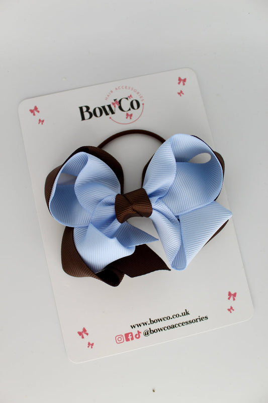 School Bow Brown and Bluebell - Double Loop Bow - Elastic -