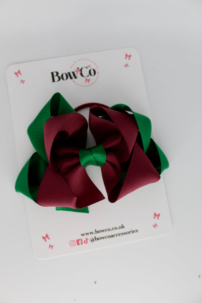 School Bow Green and Burgundy - Double Loop Bow - Elastic
