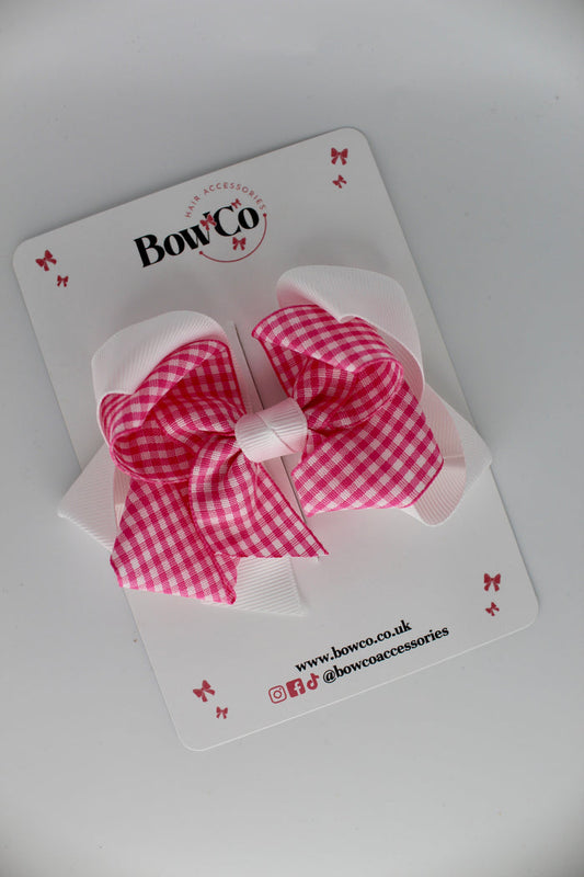 School Bow Pink Gingham Double Loop Bow - Clip