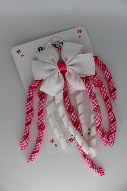 School Bow Pink Gingham Pinwheel Corker Bow - Elastic