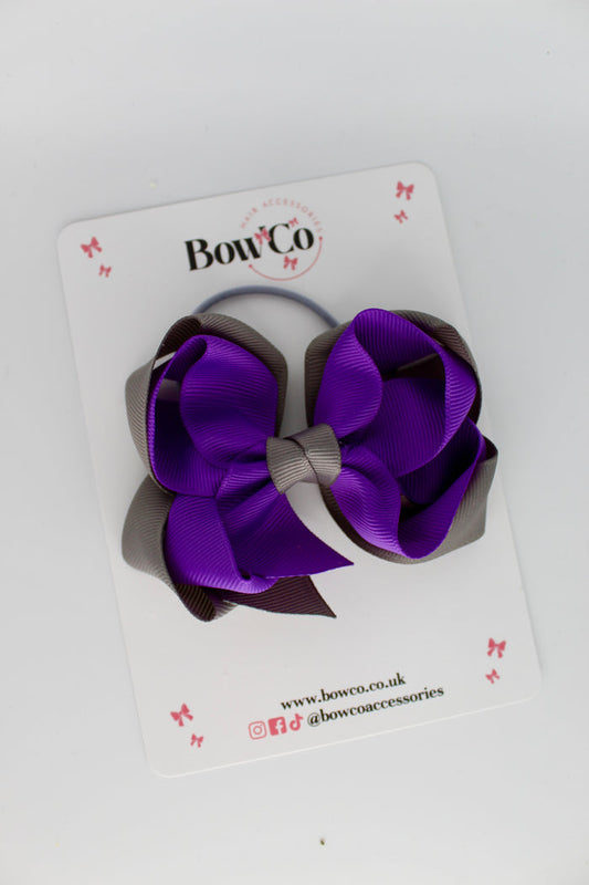 School Bow Purple and Metal Grey - Double Loop Bow - Elastic