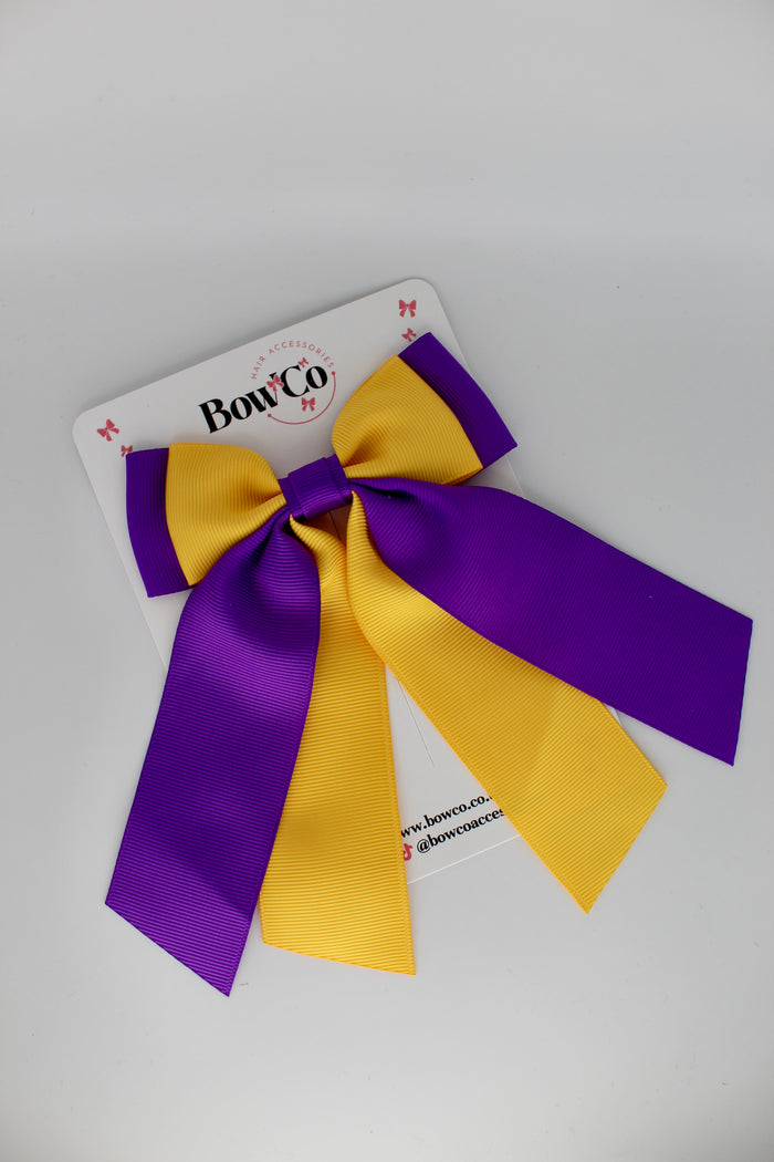 School Bow Purple and Yellow Gold - Double Layer Tail Bow - Clip