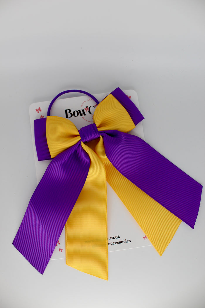 School Bow Purple and Yellow Gold- Double Layer Tail Bow – Elastic