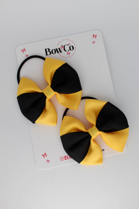 School Bows - Black and Yellow Gold - Round Tuxedo Bow Set - Elastic