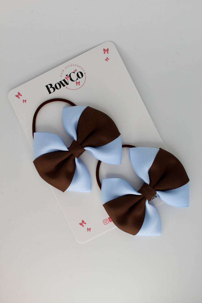 School Bows - Bluebell and Brown - Round Tuxedo Bow Set - Elastic