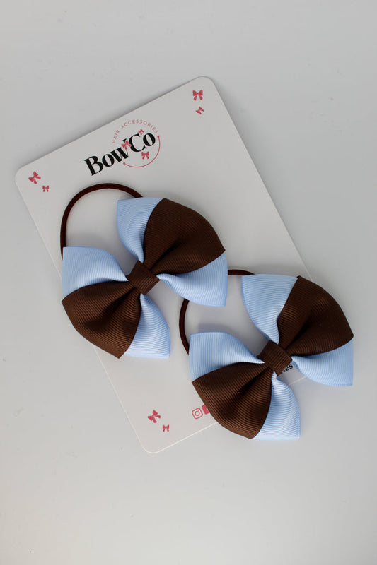 School Bows - Bluebell and Brown - Round Tuxedo Bow Set - Elastic