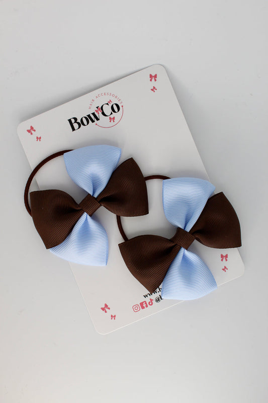 School Bows - Twist Bow Set - Elastic - Bluebell and Brown
