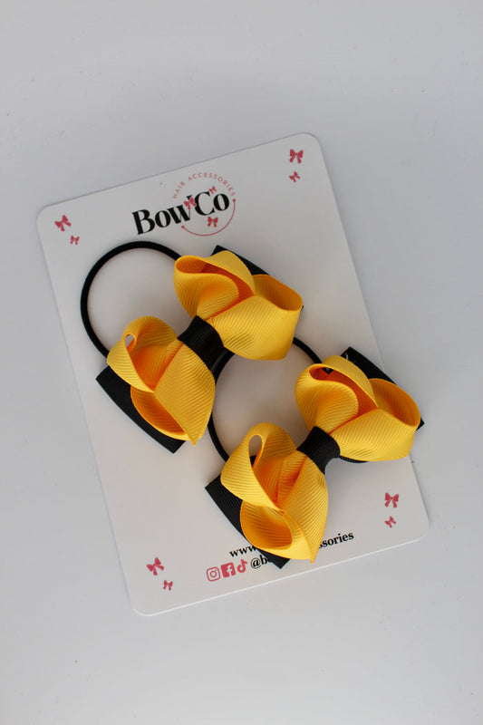 School Bows Black and Yellow Gold - Pleated Bow Set - Elastic