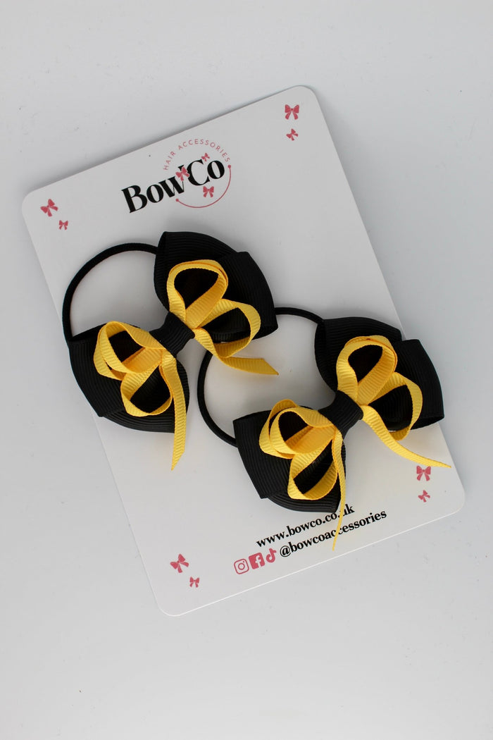 School Bows Black and Yellow Gold- Double Bow Set - Elastic
