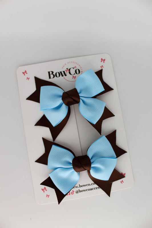 School Bows Blue Topaz and Brown - Knot Bow Set - Clip