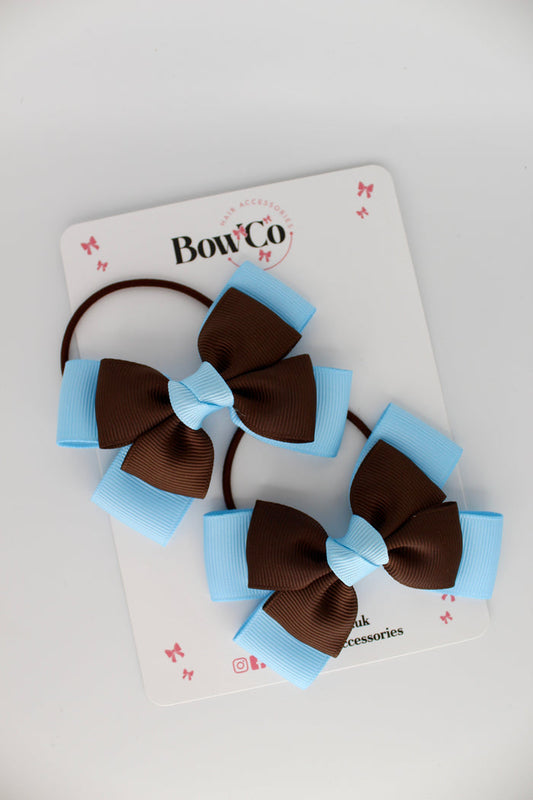 School Bows Blue Topaz and Brown - Layer Bow Set - Elastic