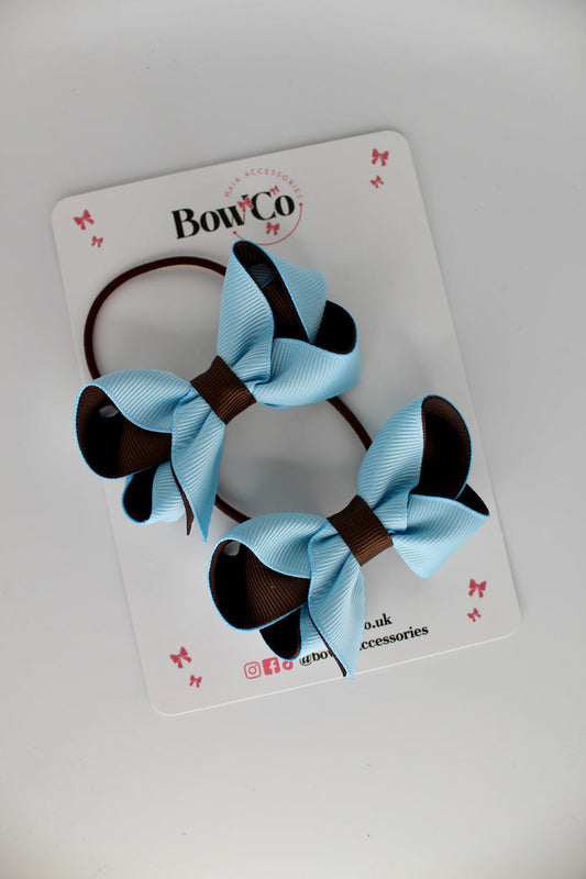 School Bows Blue Topaz and Brown - Loop Bow Set - Elastic