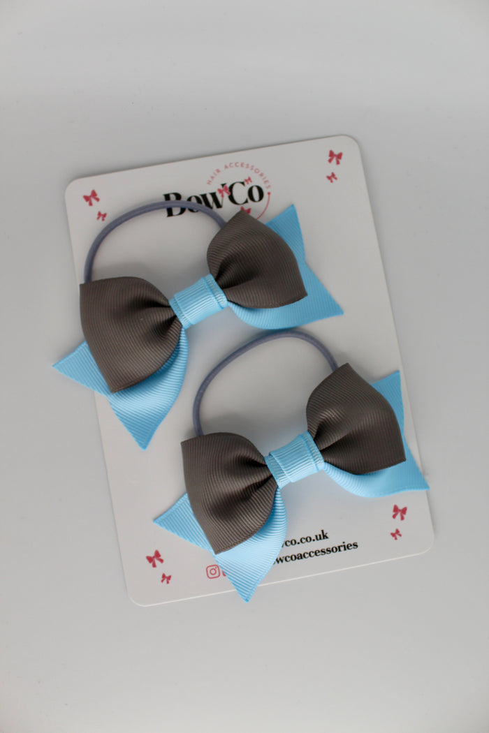 School Bows Blue Topaz and Metal Grey - Bow Tail Set - Elastic