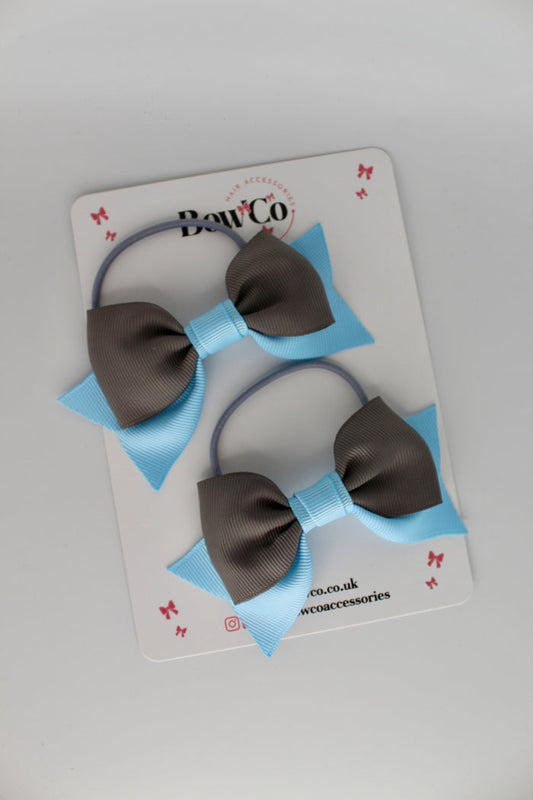 School Bows Blue Topaz and Metal Grey - Bow Tail Set - Elastic