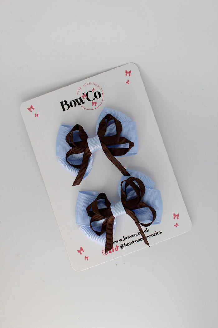 School Bows Bluebell and Brown - Double Bow Set - Clip