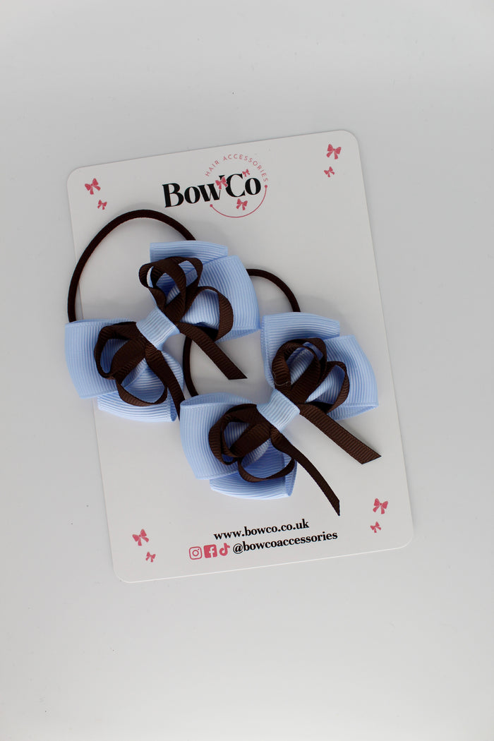 School Bows Bluebell and Brown - Double Bow Set - Elastic