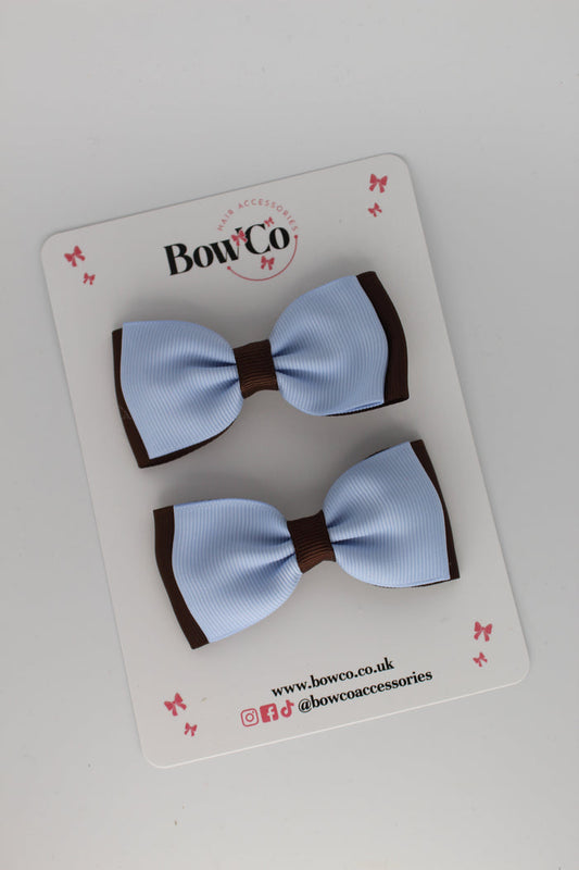 School Bows Bluebell and Brown - Double Lapel Bow Set - Clip