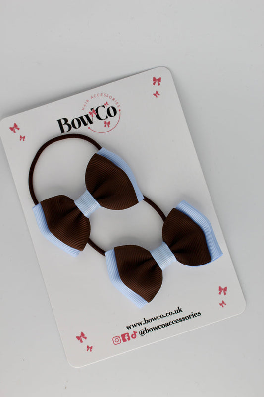 School Bows Bluebell and Brown - Double Ribbon Bow Set - Elastic