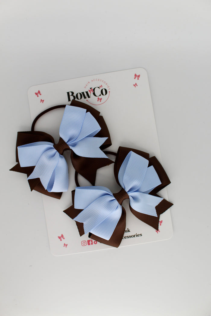 School Bows Bluebell and Brown - Double Tail Bow Set - Elastic