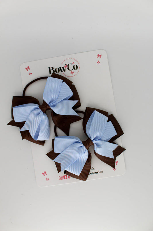 School Bows Bluebell and Brown - Double Tail Bow Set - Elastic