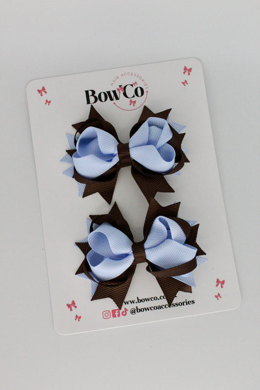 School Bows Bluebell and Brown - Loopy Stacked Bow Set