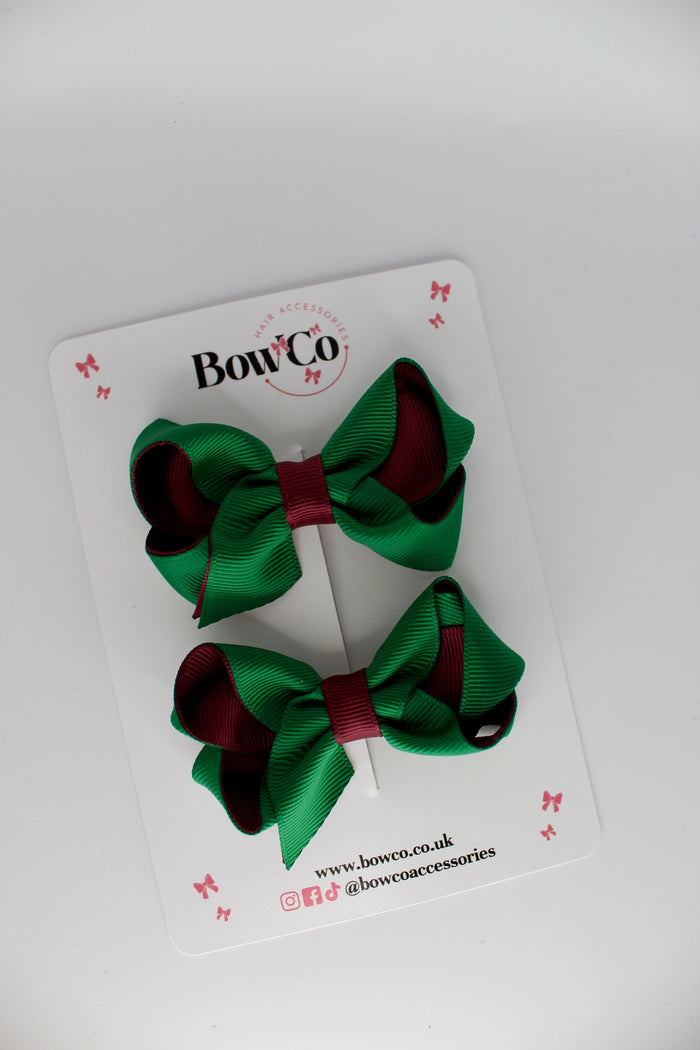 School Green and Burgundy Loop Bow Set - Clip