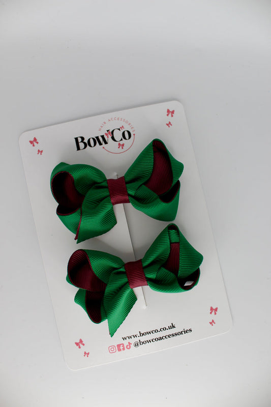 School Green and Burgundy Loop Bow Set - Clip