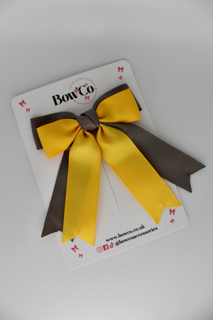 School Grey and Yellow Gold Double Ribbon Tail Bow – Clip