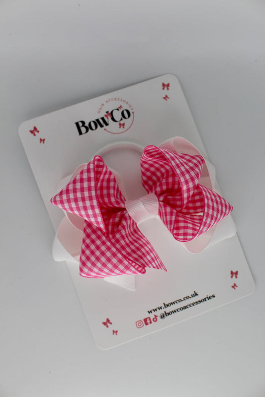 School Pink Bow Gingham - Double Loop Bow - Elastic