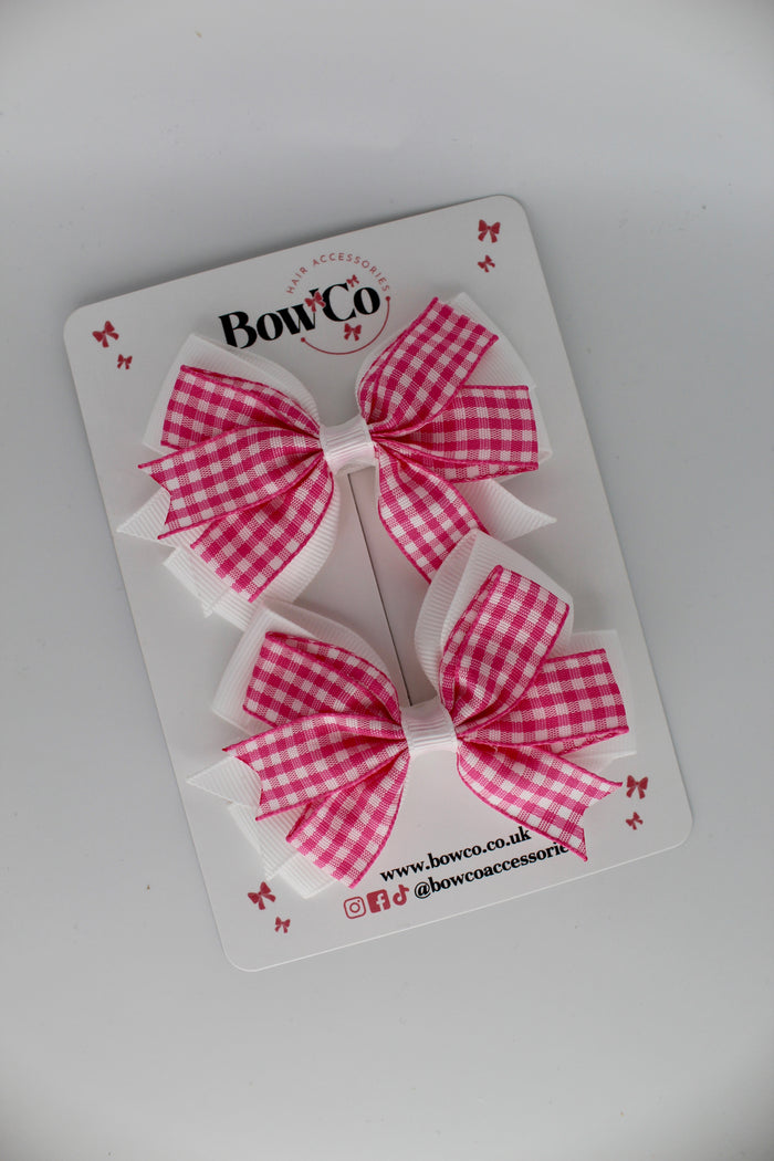 School Pink Gingham Bow Double Tail Bow Set - Clip