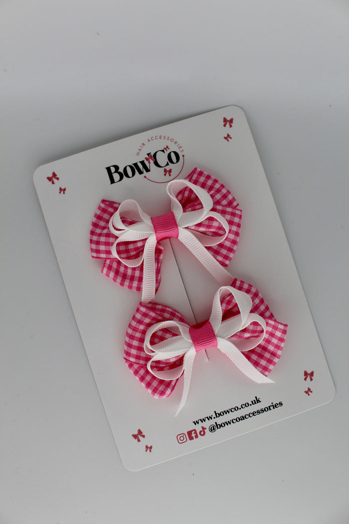 School Pink Gingham Double Bow Set - Clip