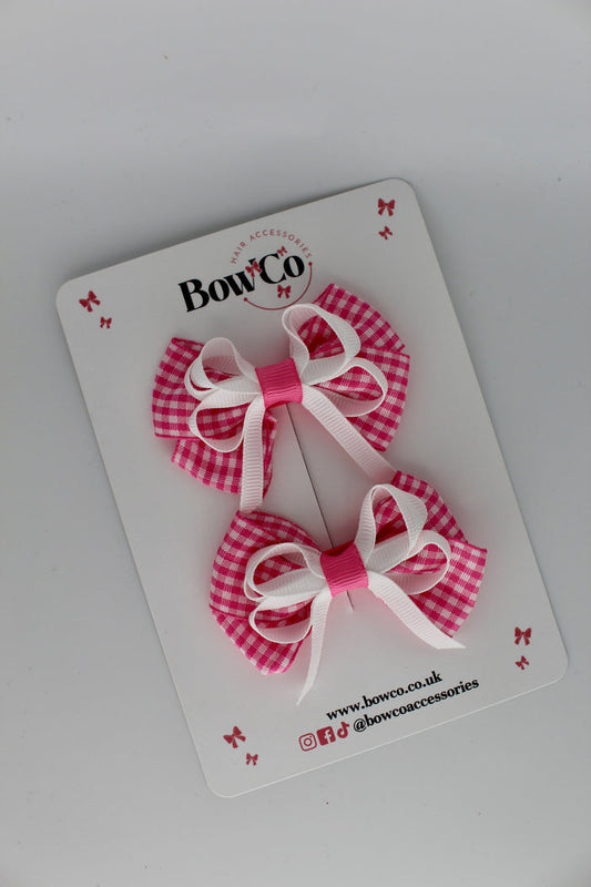 School Pink Gingham Double Bow Set - Clip