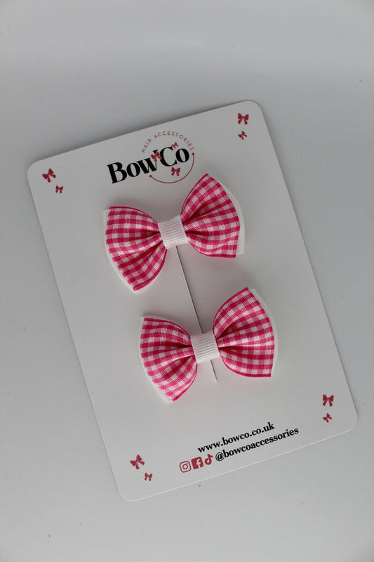 School Pink Gingham Double Lapel Bow Set - Clip
