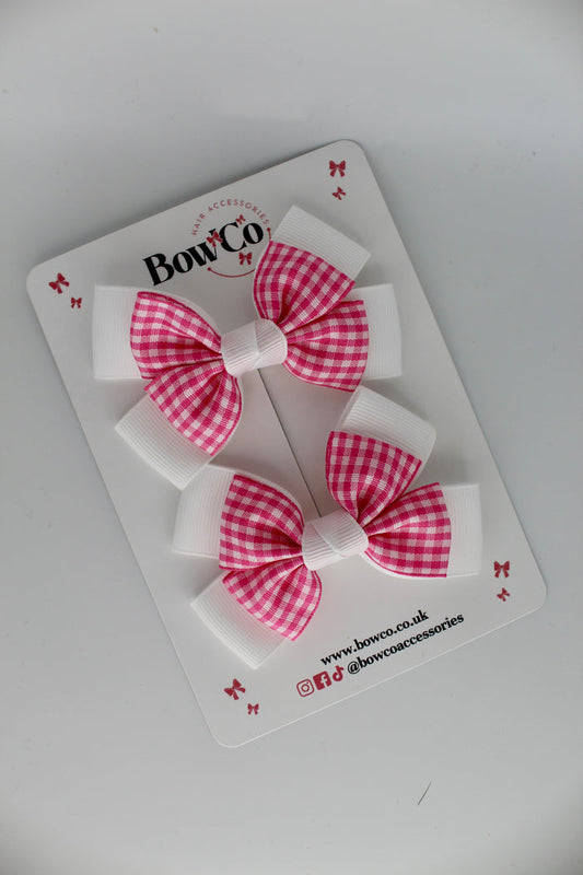 School Pink Gingham Layer Bow Set - Clip