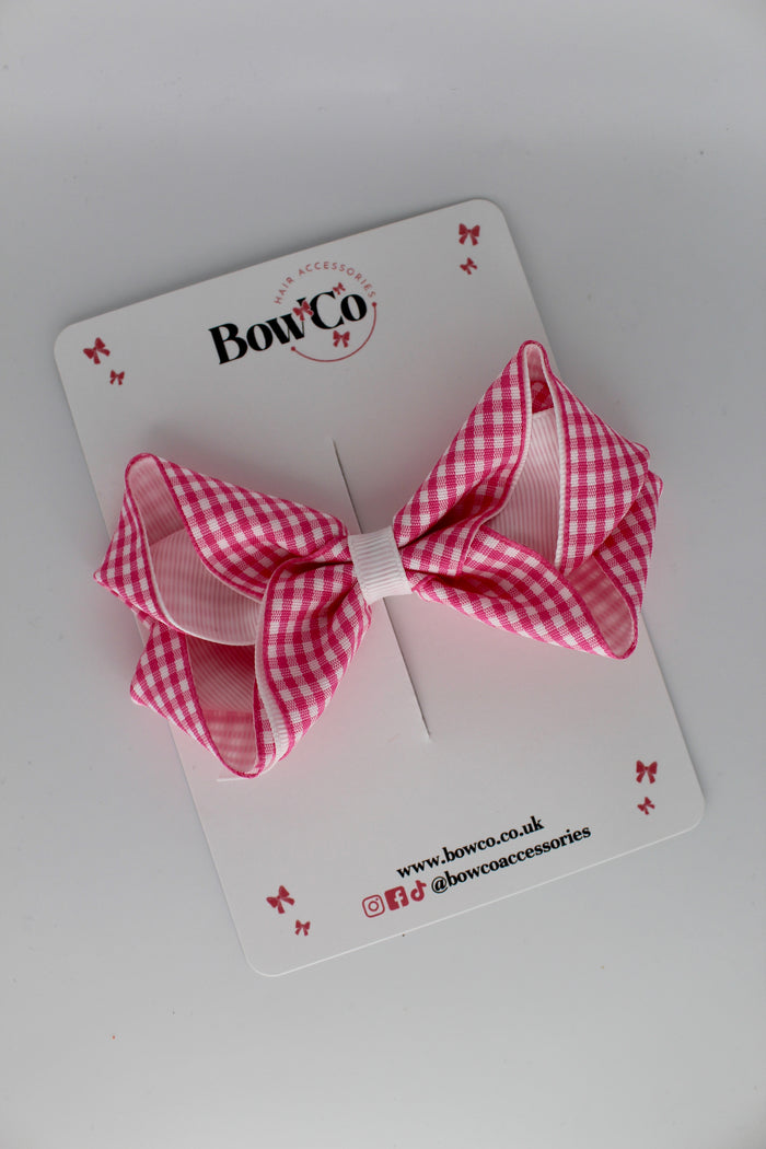 School Pink Gingham Loop Bow - Clip