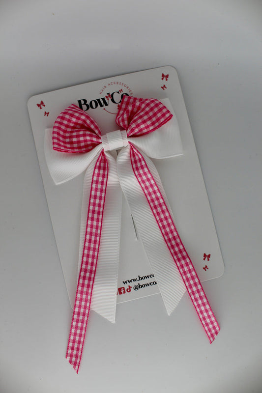School Pink Gingham Streamer Tail Bow - Clip