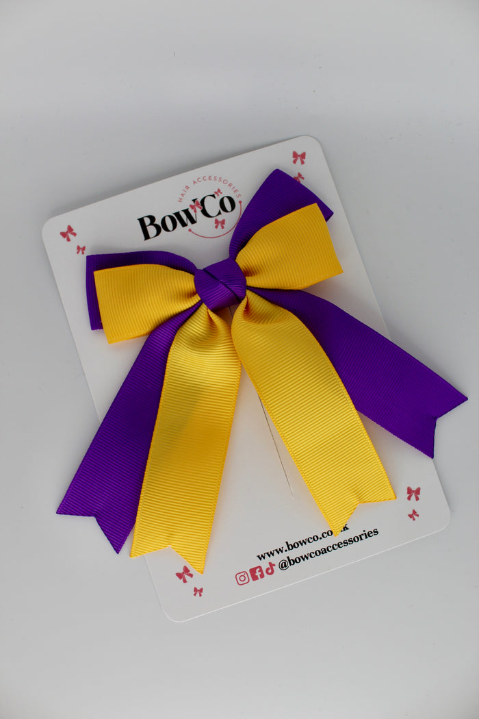 School Purple and Yellow Gold Double Ribbon Tail Bow – Clip