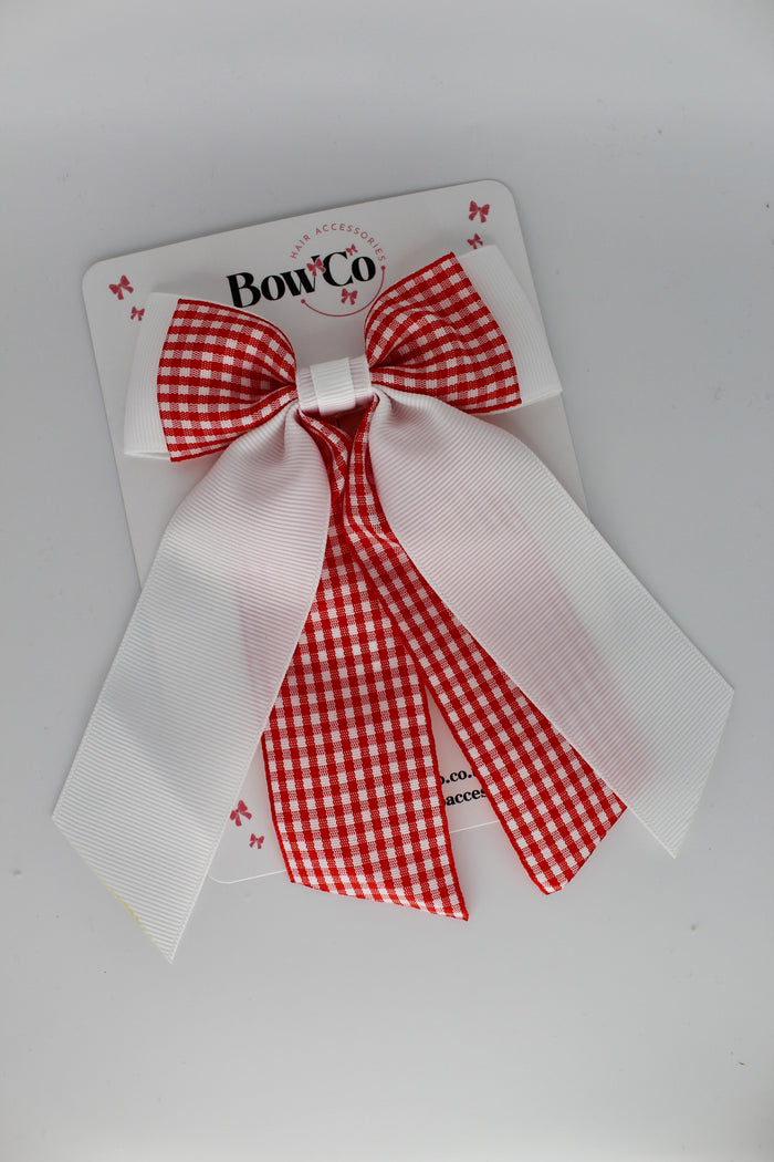 School Red Gingham Double Layer Tail Bow - Clip