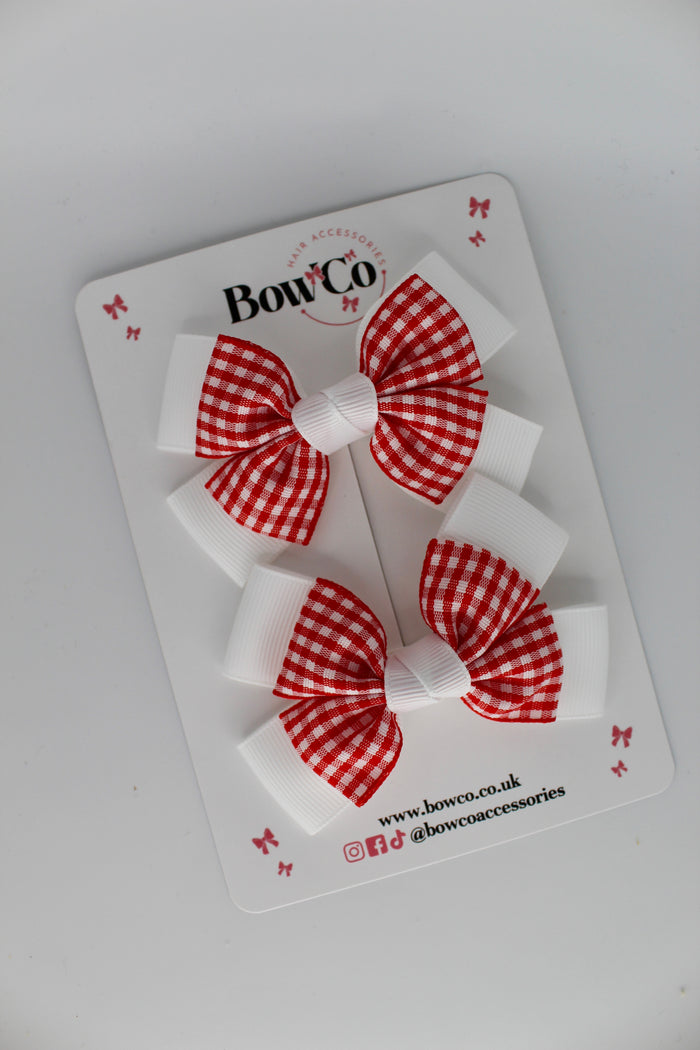 School Red Gingham Layer Bow Set - Clip