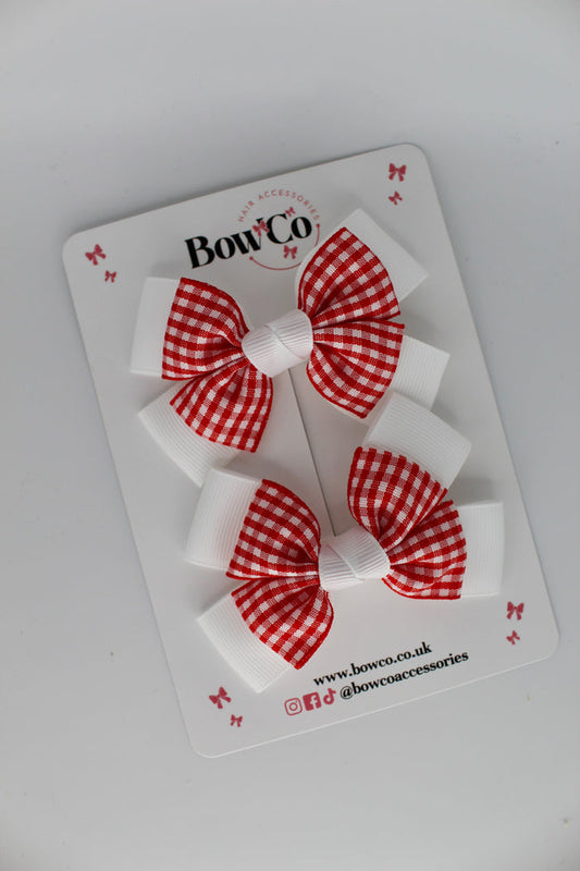 School Red Gingham Layer Bow Set - Clip