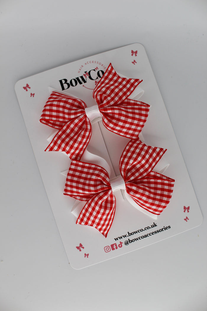 School Red Gingham Layer Tail Bow Set - Clip
