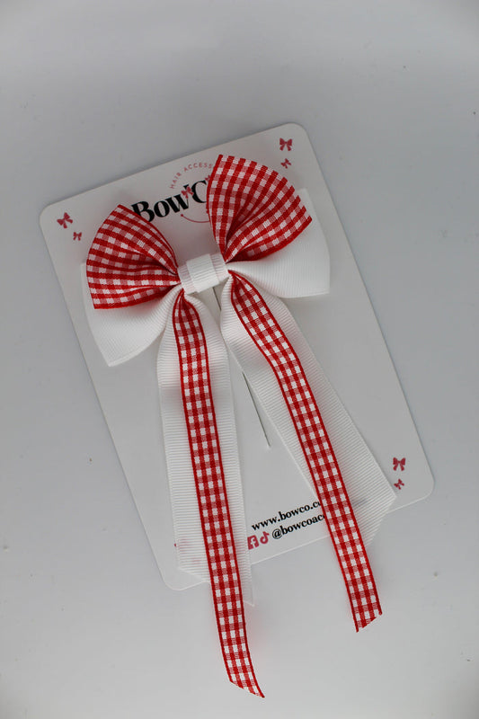 School Red Gingham Streamer Tail Bow - Clip