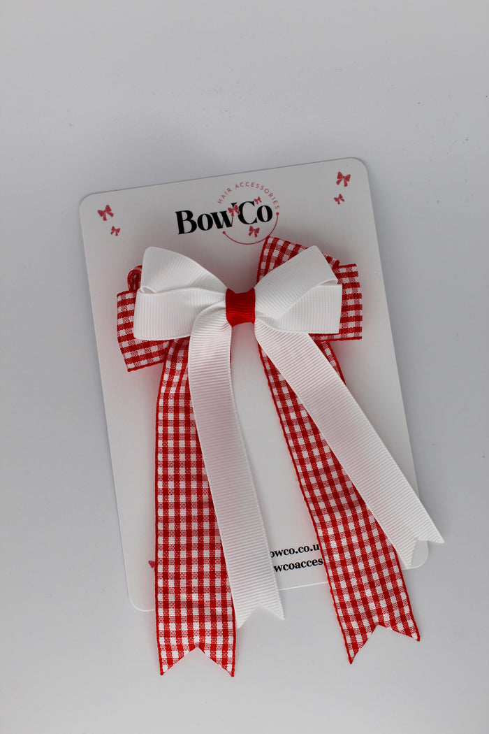 School Red Gingham Tail Bow Clip