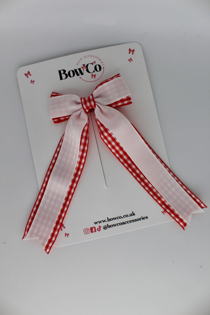 School Red Gingham Tuxedo Tail Bow - Clip
