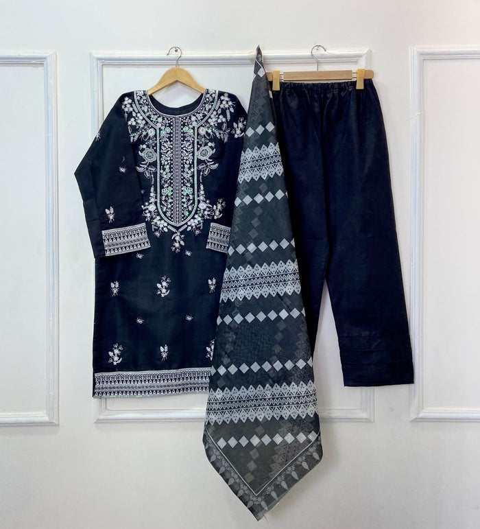 Sequins Embroidered 3PC (Premium Cotton) D-373
