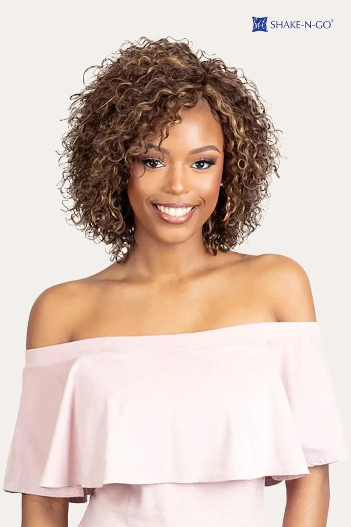 Model wearing Shake-N-Go Glossy Burmese Curl 3pcs showing defined curly texture and volume