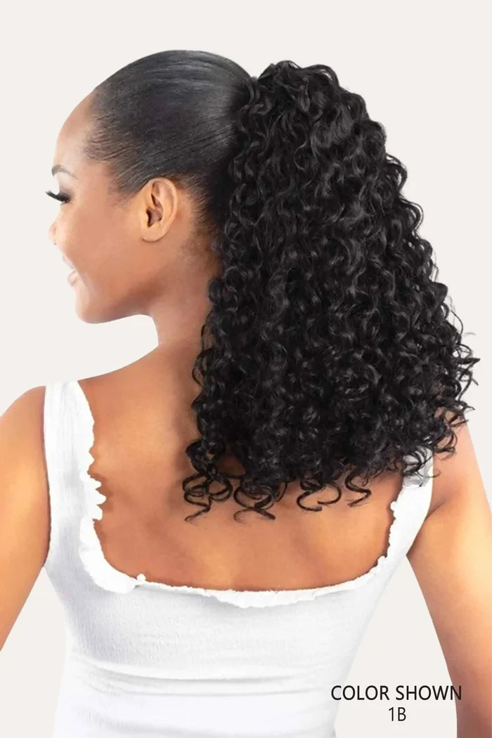 Model showing a high ponytail weave style using Shake-N-Go Organique Burmese Wave 18 inch hair.