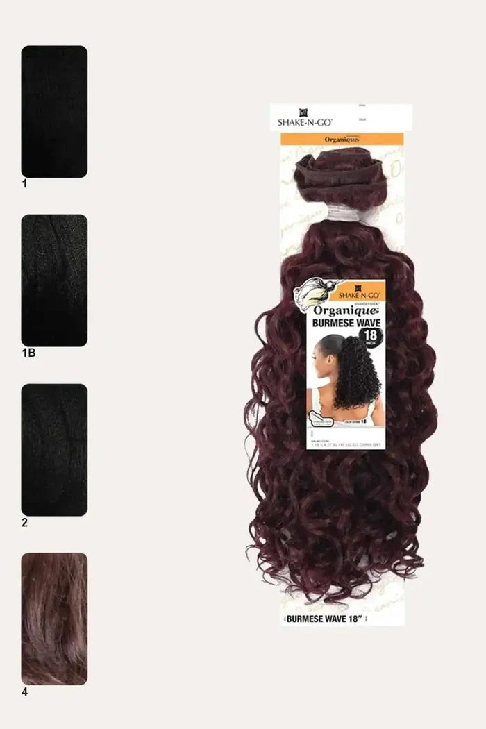 Packaging and color chart for Organique Burmese Wave 18 inch curly weave synthetic hair showing colors 1, 1B, 2, and 4.
