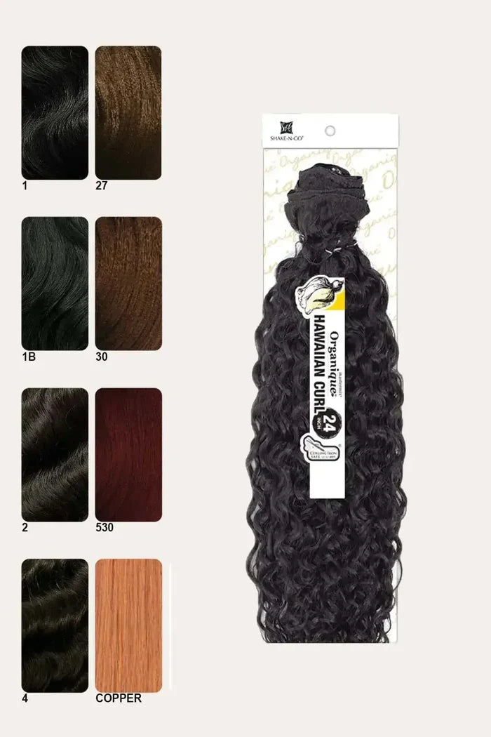 Color chart and packaging for Organique Hawaiian Curl 24 inch showing Mastermix synthetic fibers in colors like Copper and 530.